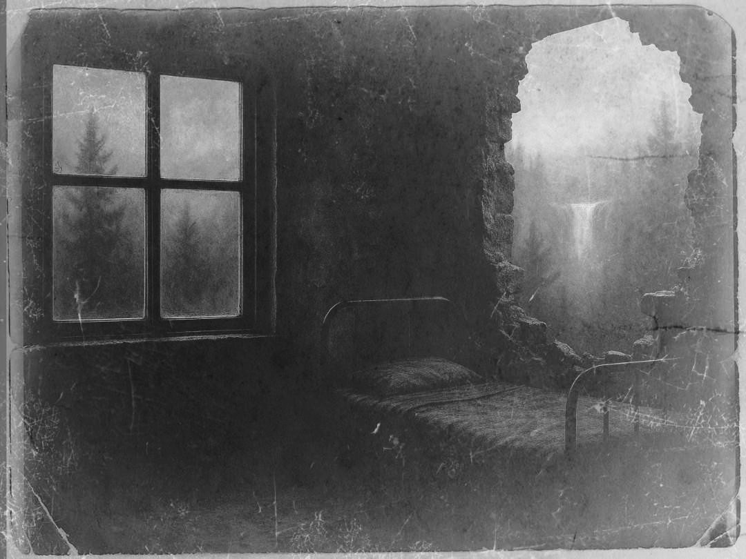 Foggy window with ash falling