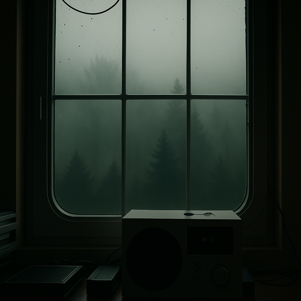 Foggy window with ash falling
